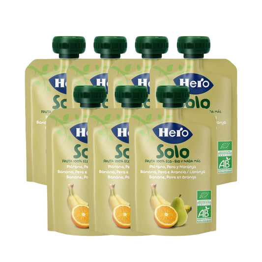 Pack x7 Sacos de fruta 100% ecológicos com sabor a banana, pera e laranja 100 g - Hero Solo