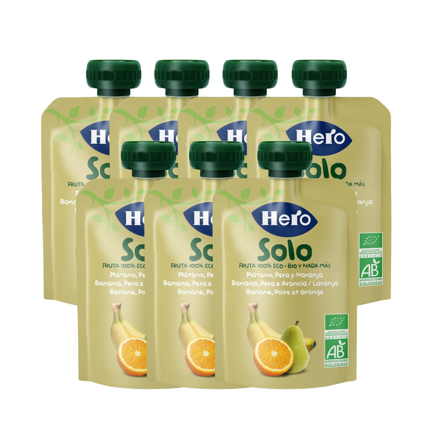 Pack x7 Sacos de fruta 100% ecológicos com sabor a banana, pera e laranja 100 g - Hero Solo