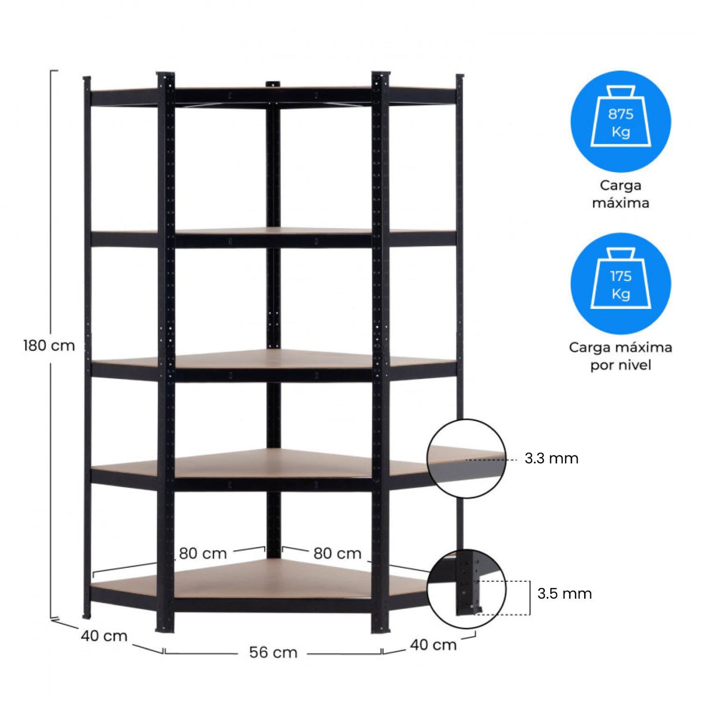 Estantería Esquinera Modular Negra 5 Baldas Ajustables 180x80x40x56cm 875kg 7house_5