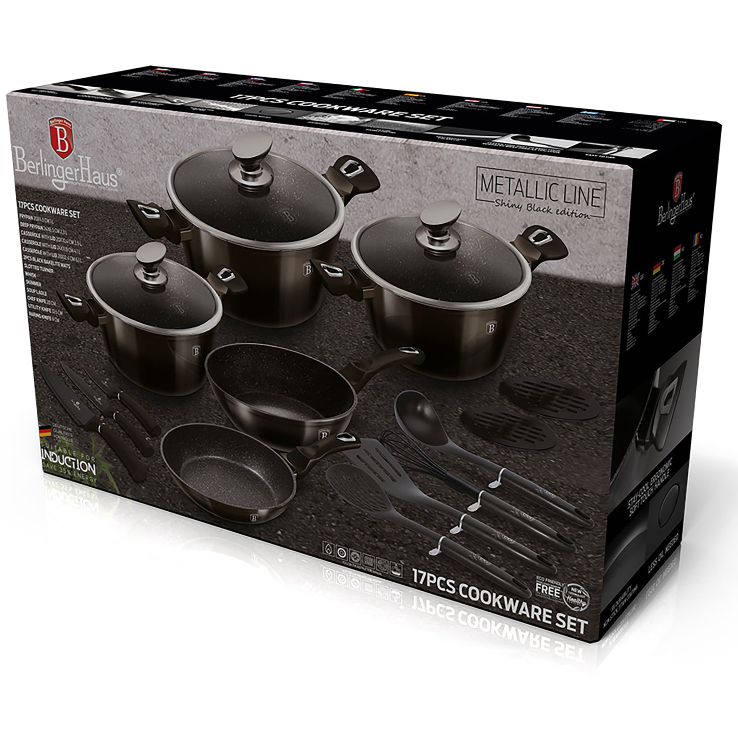 Batería Cocina Inducción 17 Piezas, Antiadherente Mármol Sin Pfoa, Aluminio, Cazuelas Sartenes Berlinger Haus Shyny Black Negro_1
