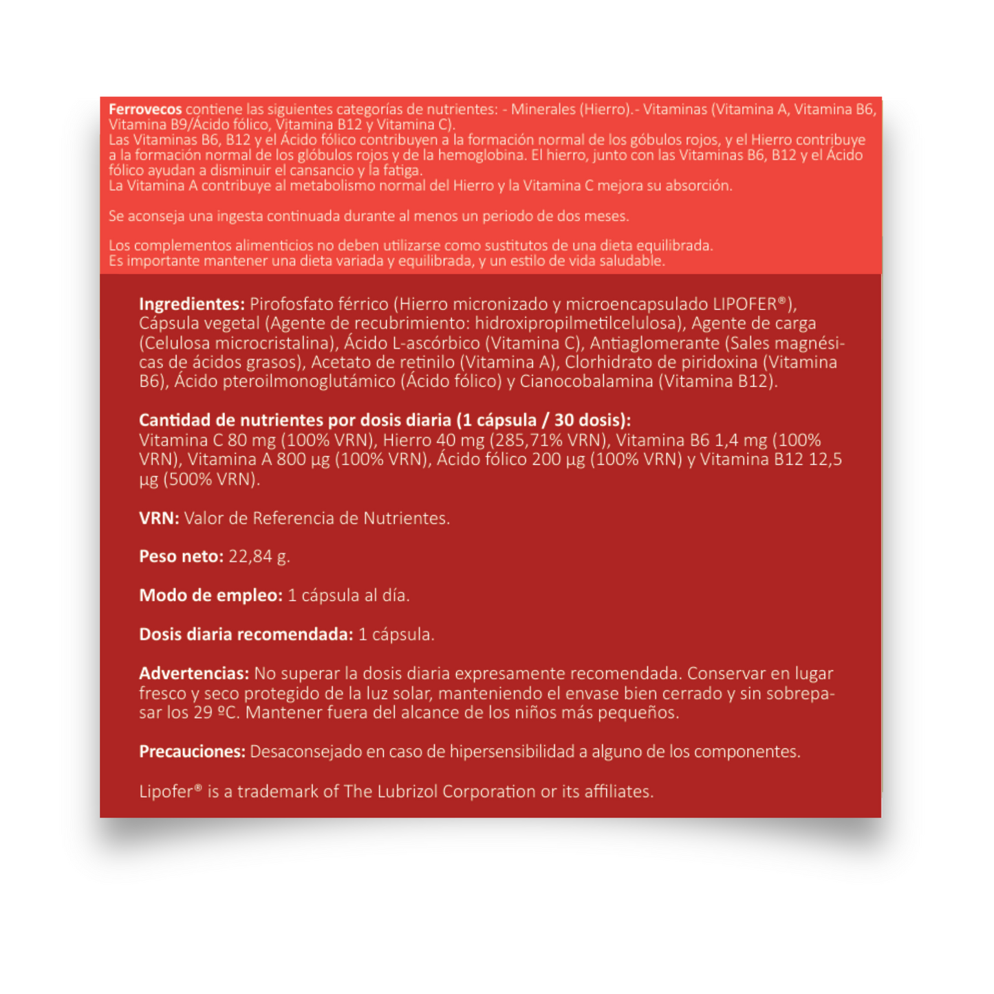 Ferrovecos 40 mg Hierro Liposomado VECOS 30 cápsulas | Para Cansancio y la Fatiga | Con B6, B12 y Ácido Fólico_4