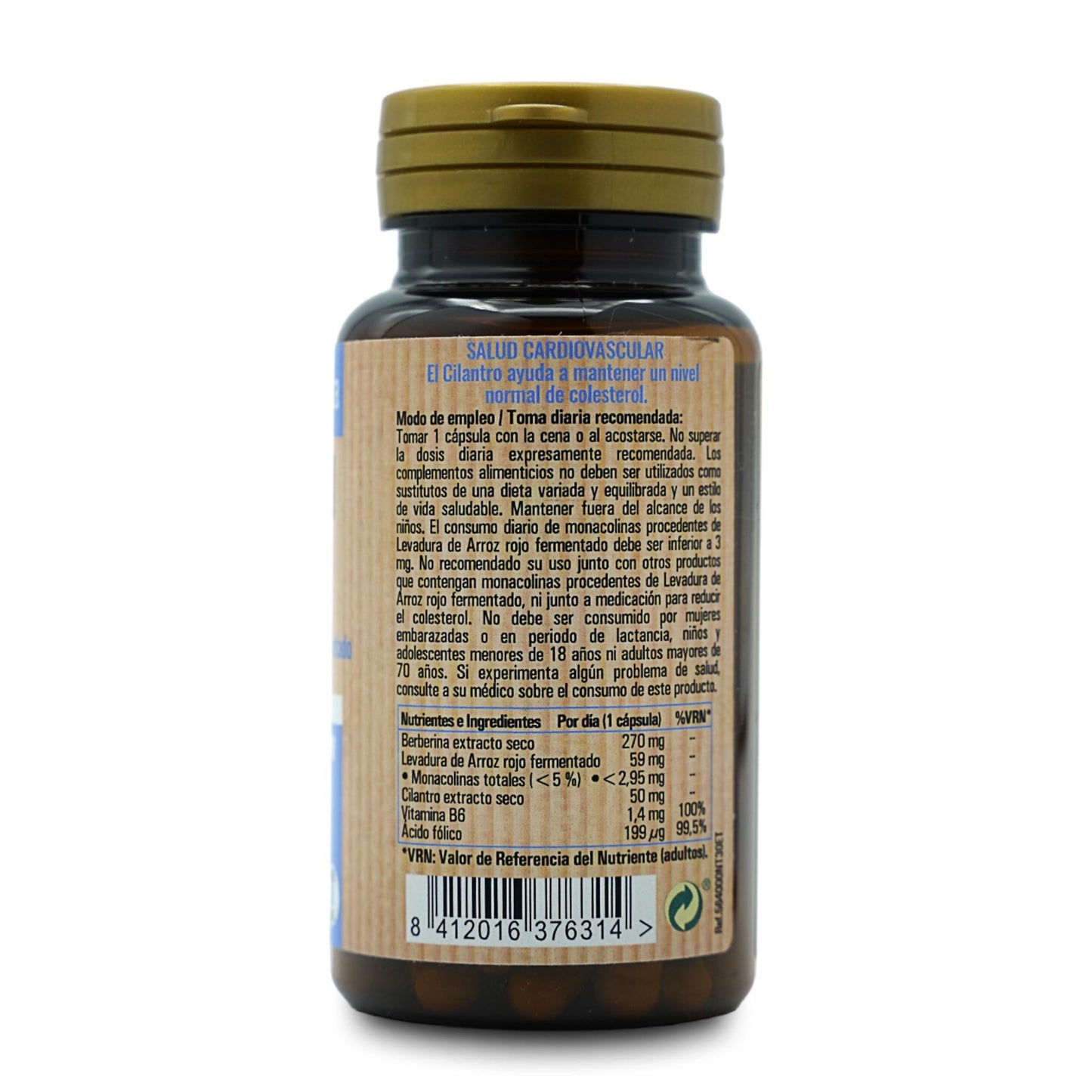 Colesterol mais berberina + arroz vermelho fermentado + coentros, 30 cápsulas. NaturTierra