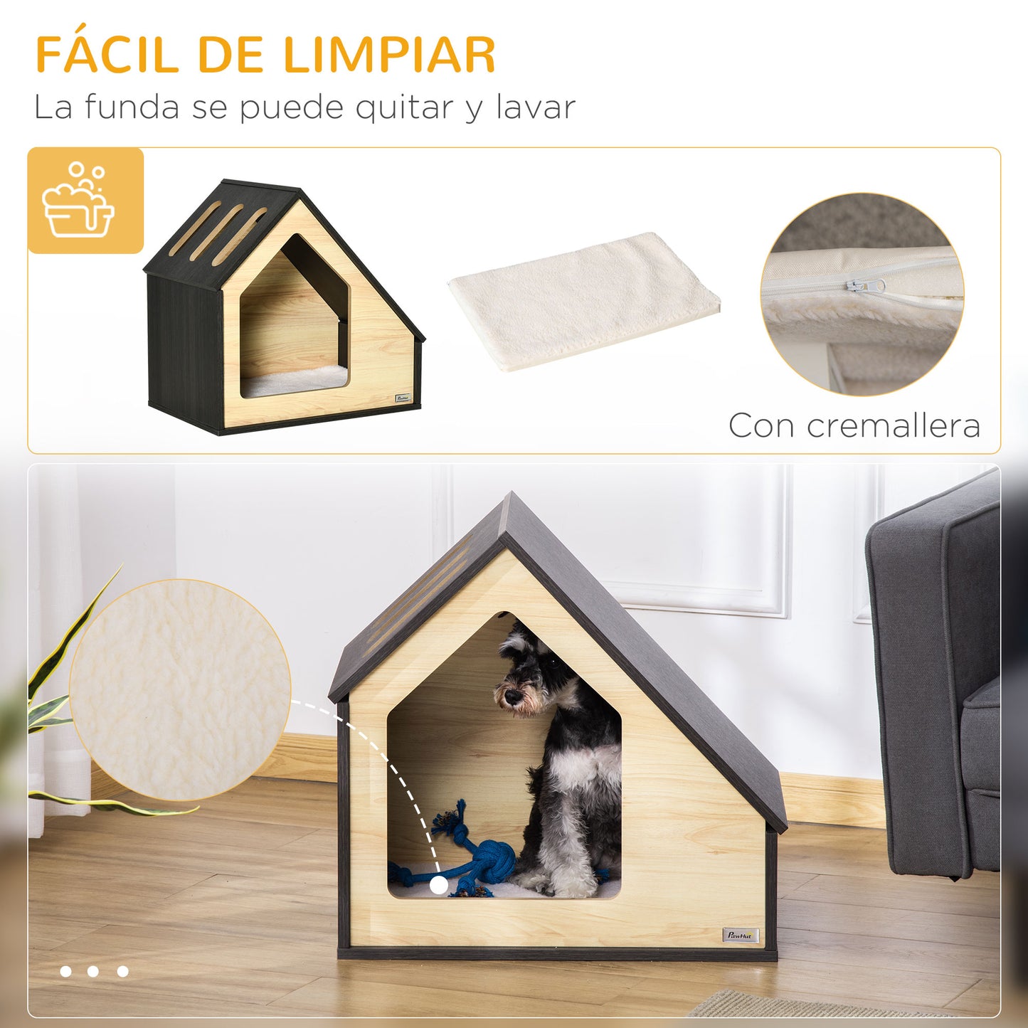 Pawhut Caseta Madera De Perros Interior Con Cojín 3 Ventilaciones 60x40x59,2 Cm_5