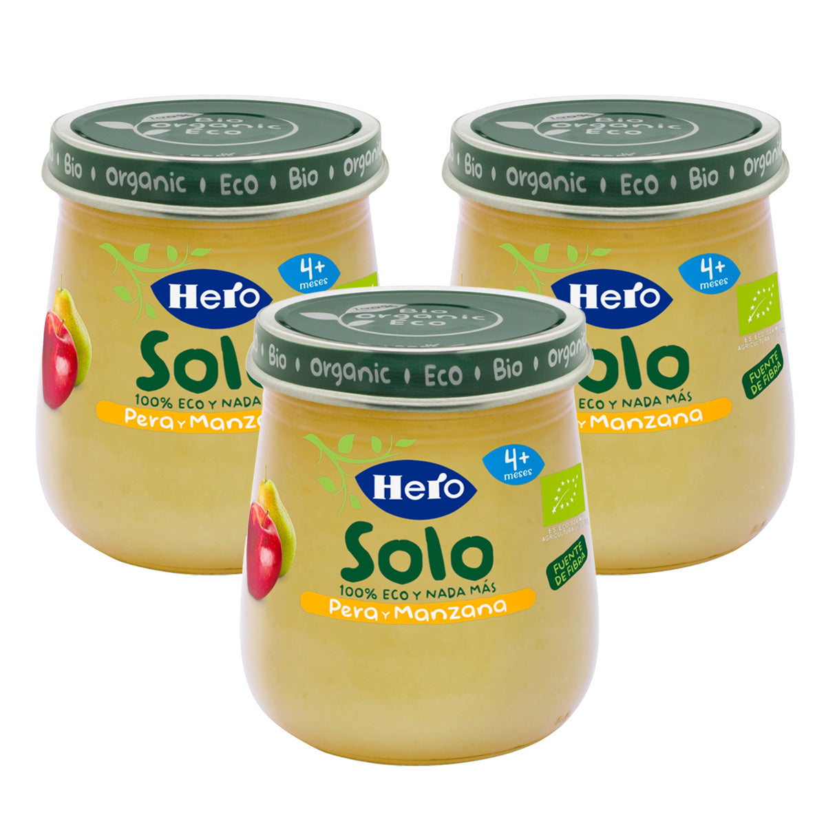 Embalagem de 3 frascos de pera e maçã biológica 120 g - Hero Solo