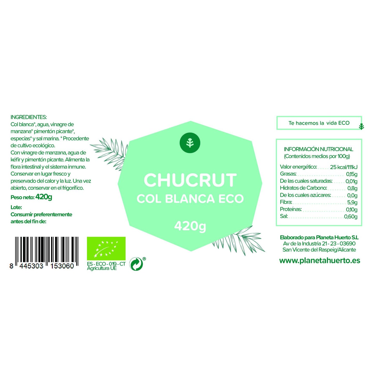 Chucrute de couve branca ECO Planeta Huerto 420 g