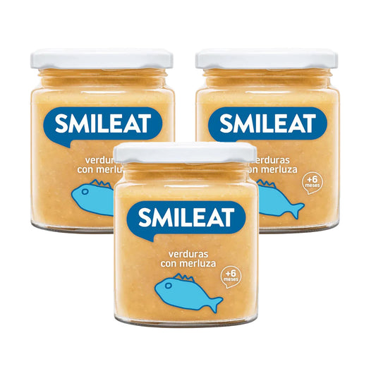 Embalagem de 3 frascos de vegetais e pescada biológica Smileat +6 meses 230g