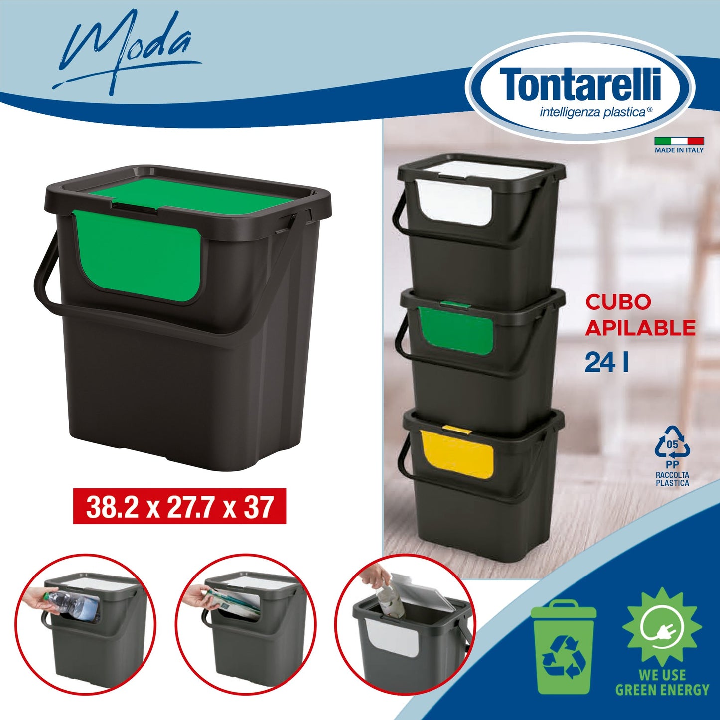 Papelera moda Doble 24l Con Asa Negro/verde_1