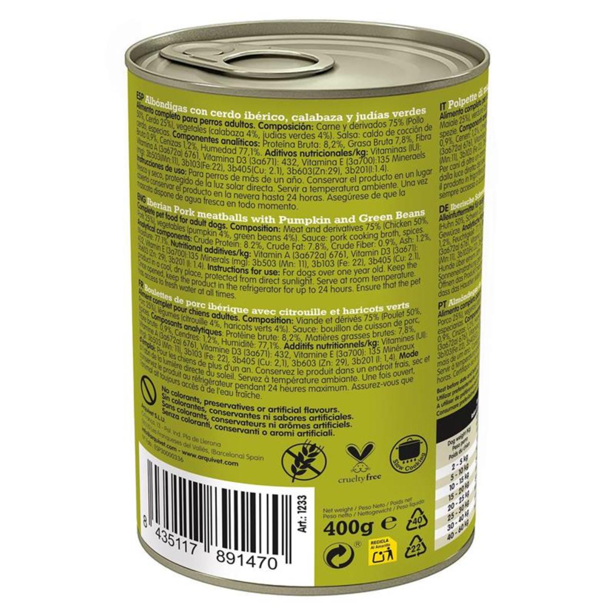 Almôndegas de Porco Fresco Arquivet 400g Ração húmida para cães com carne de porco ibérico, abóbora e feijão verde