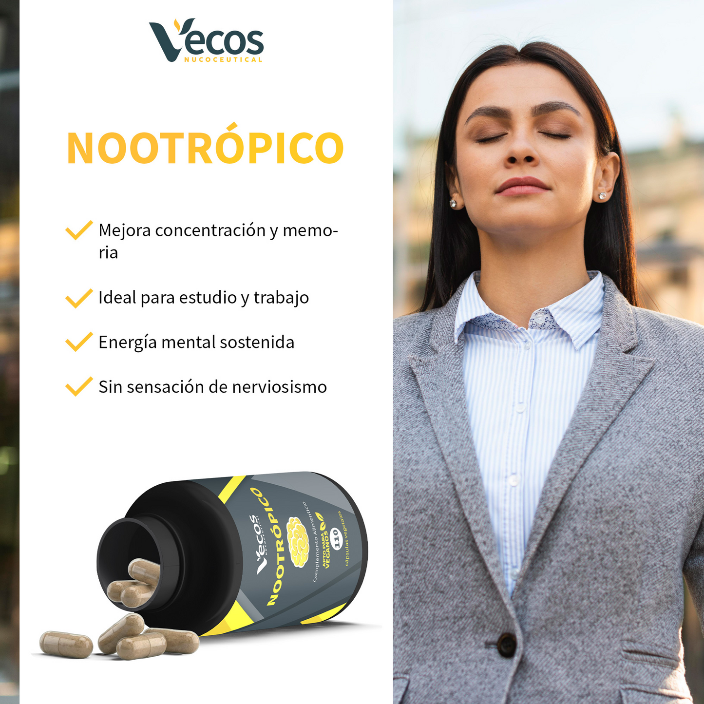 Nootrópico Natural VECOS 110 cápsulas | Concentración y Foco Mental | Cafeína + Teanina + Bacopa + Ginkgo_3