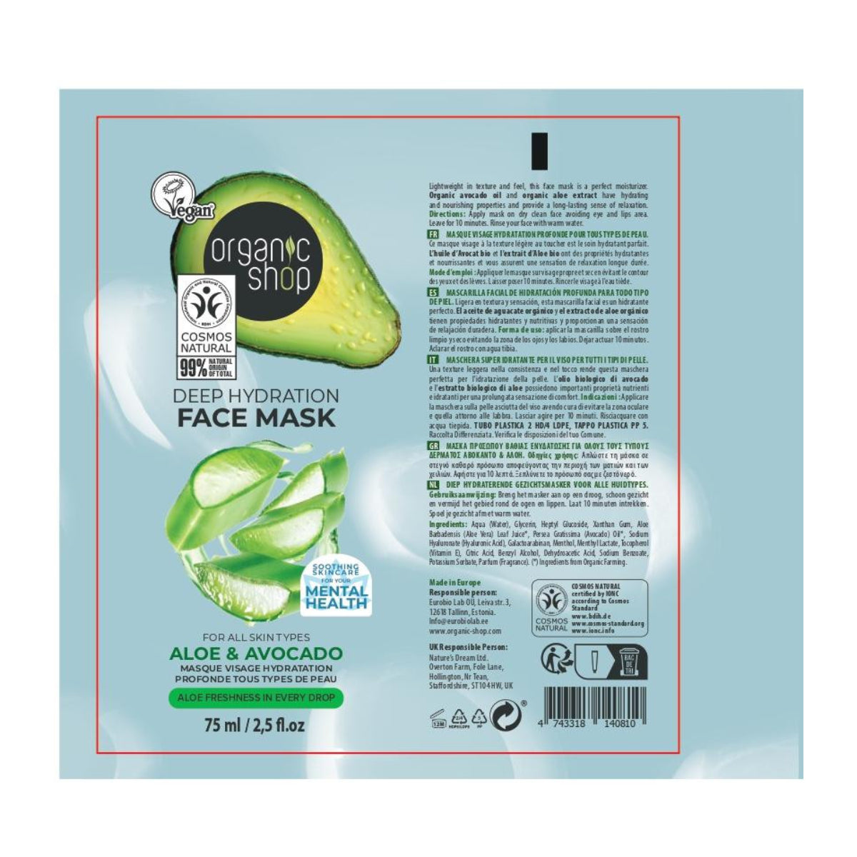 Máscara Facial de Hidratação Profunda com Abacate e Aloé Vera, Organic Shop 75 ml