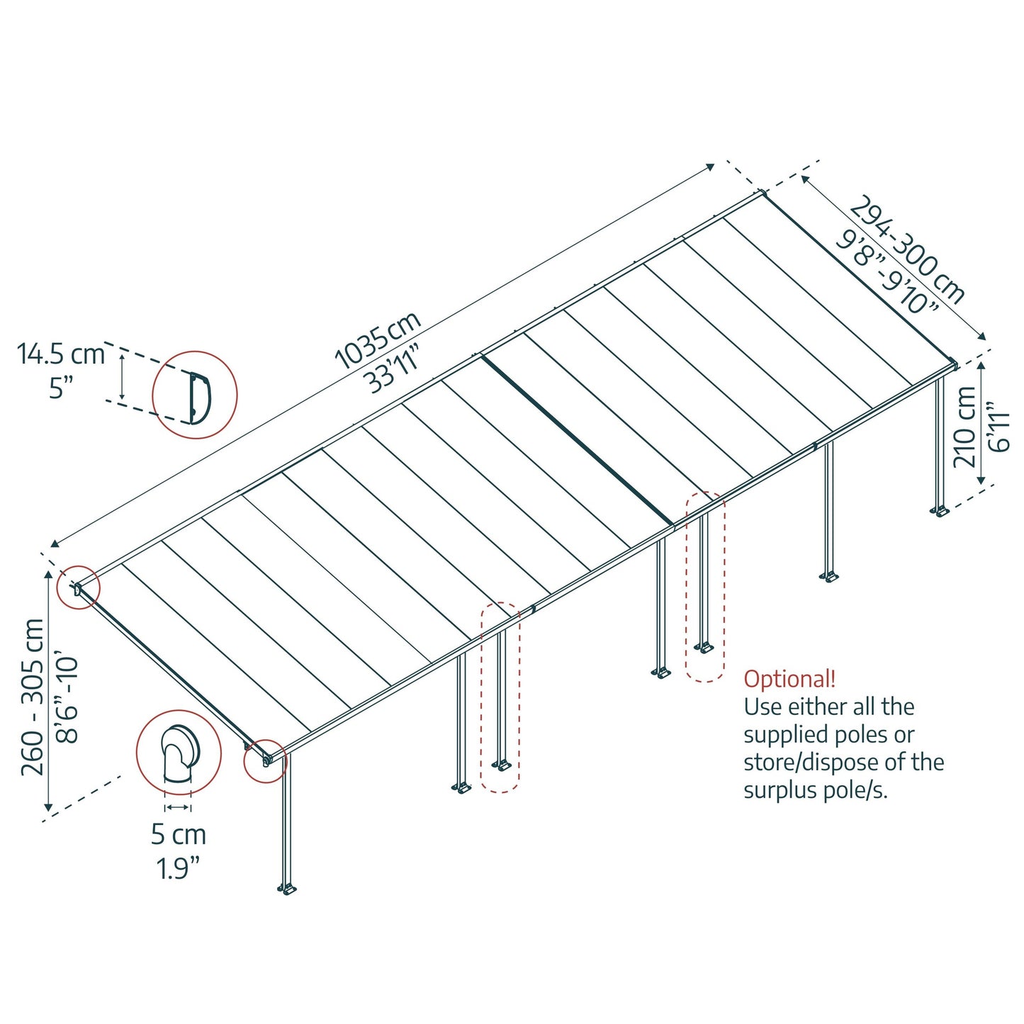 Pérgola anexa Feria 300x1035 cm cinzento