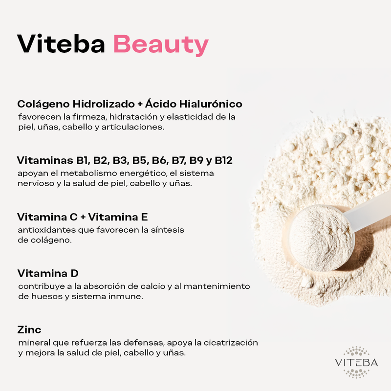 Pack de 3 botes Colágeno Beauty Viteba 330g x 3 - SIN sabor NI olor - Ácido Hialurónico, Vit. C y Zinc