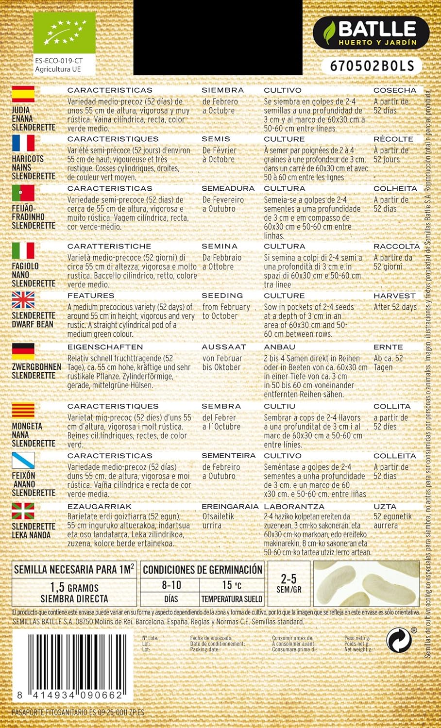 Sementes de feijão Slenderette biológicas Batlle