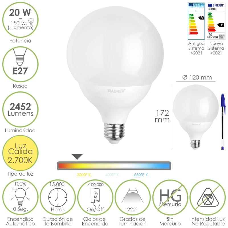 Bombilla Led Globo E27. 20 Watt. Equivale A 150 Watt. 2452 Lumenes. Luz Calida 2700º K._0