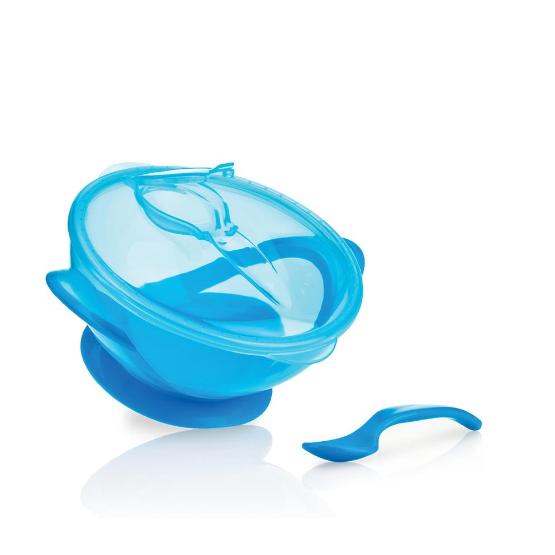 Taça Nuby Baby com Ventosa, Colher e Tampa Azul 6m+