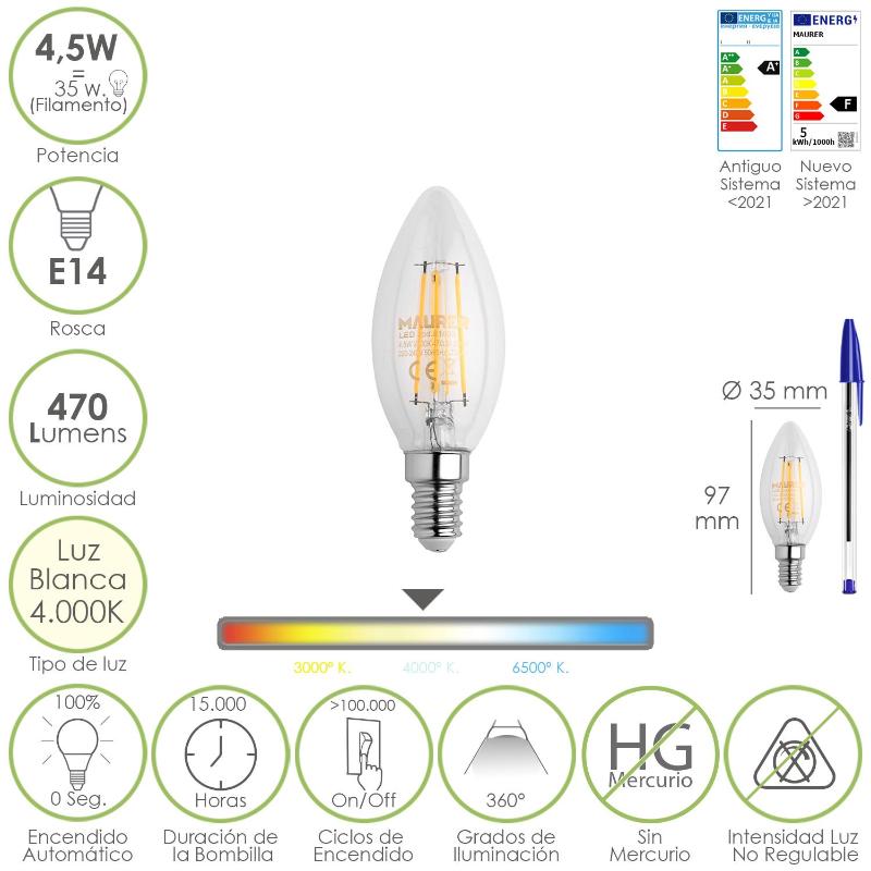 Bombilla Led Filamento Vela Rosca E14. 4,5 Watt. Equivale A 35 Watt. 470 Lumenes. Luz Neutra 4000º K._0