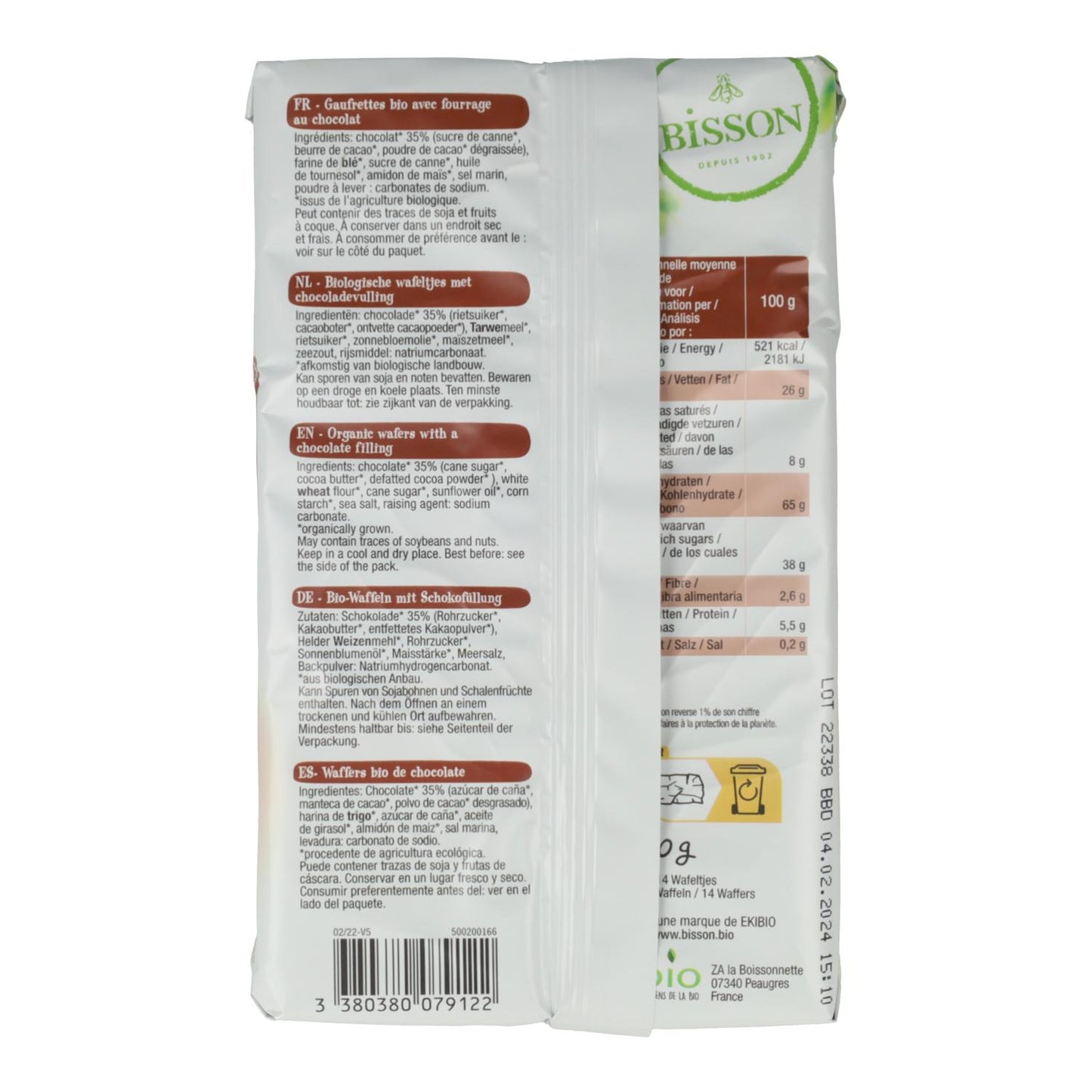 Bolachas Wafer de Chocolate Vegan Bisson 190g