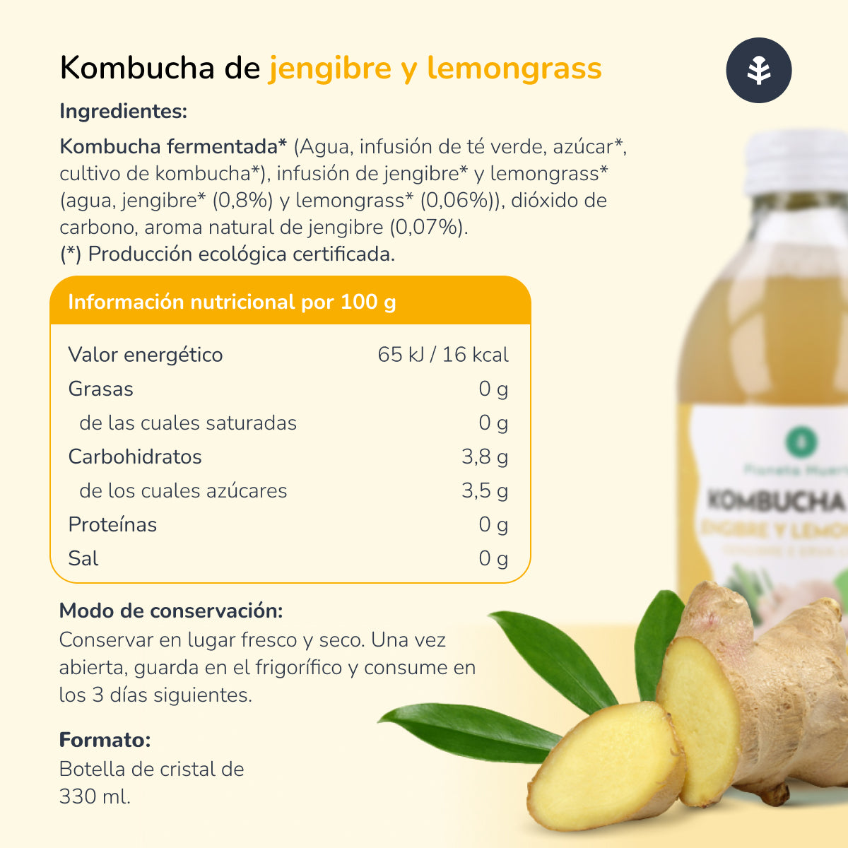 Kombucha ECO Gengibre e erva-príncipe Planeta Huerto 330 ml