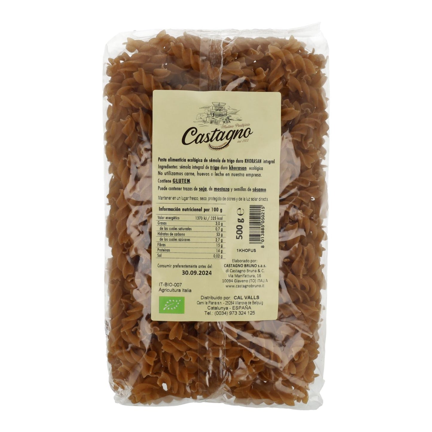 Massa espiral de sêmola de trigo integral biológica Khorasan Castagno 500 g