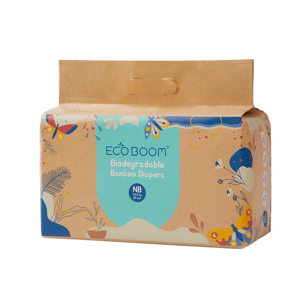 ECOBOOM - Fralda de Bambu Eco Boom. 70% biodegradável, hipoalergénica (tamanho 1/NB, < 3 kg, embalagem de 4 sacos, total de 136 fraldas)