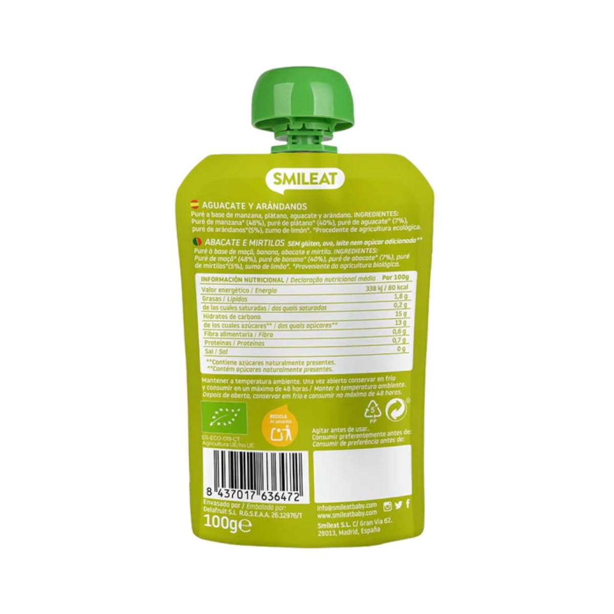 Embalagem de 10 saquetas Smileat ECO de abacate e mirtilo, 100g