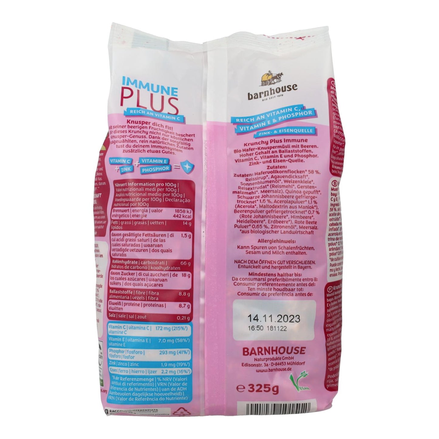 Krunchy Immune Plus Muesli com Groselha e Acerola BIO Barnhouse 325 gr