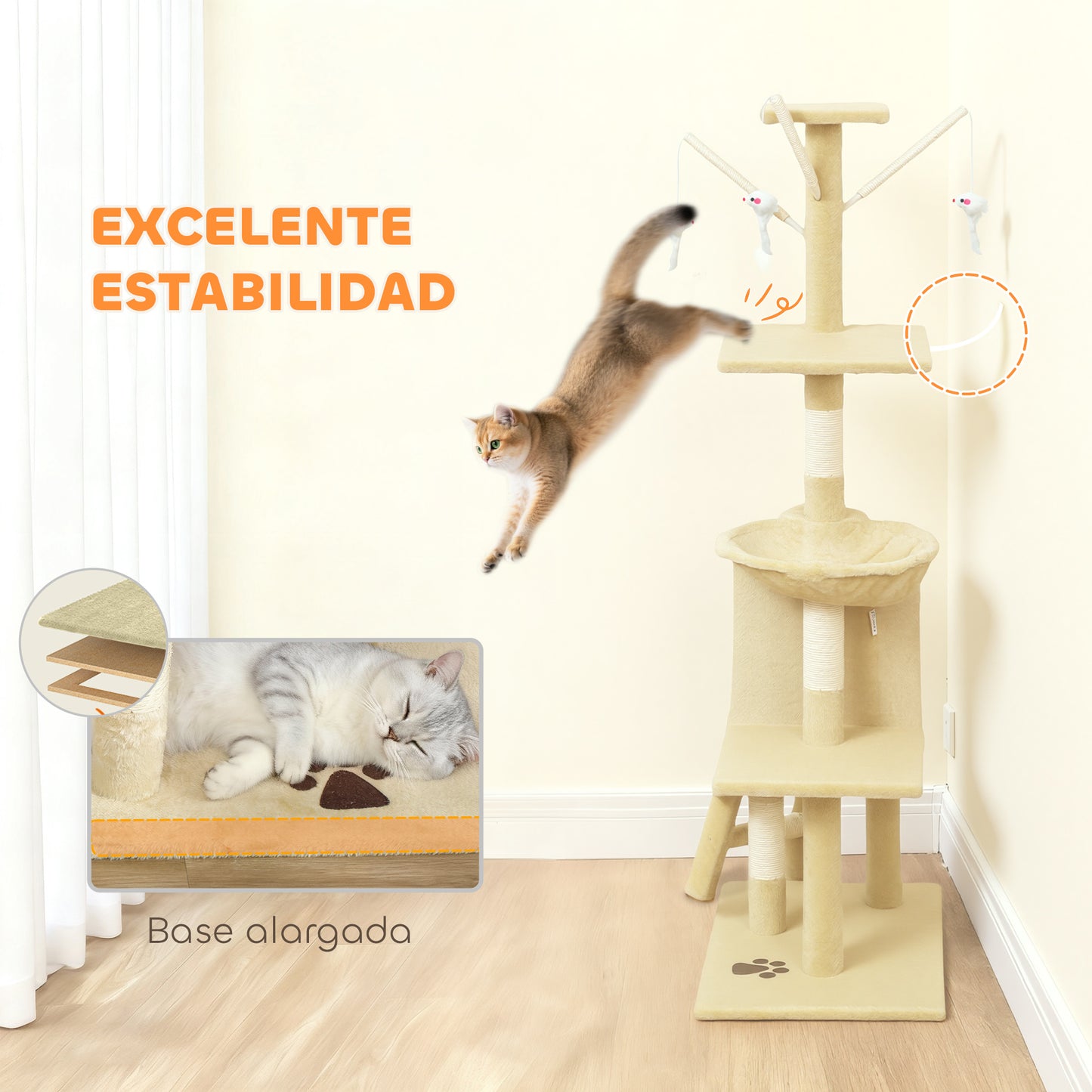 Pawhut Árbol Para Gatos Rascador Grande 50x35x134,2 Cm Con Nidos Plataformas_5