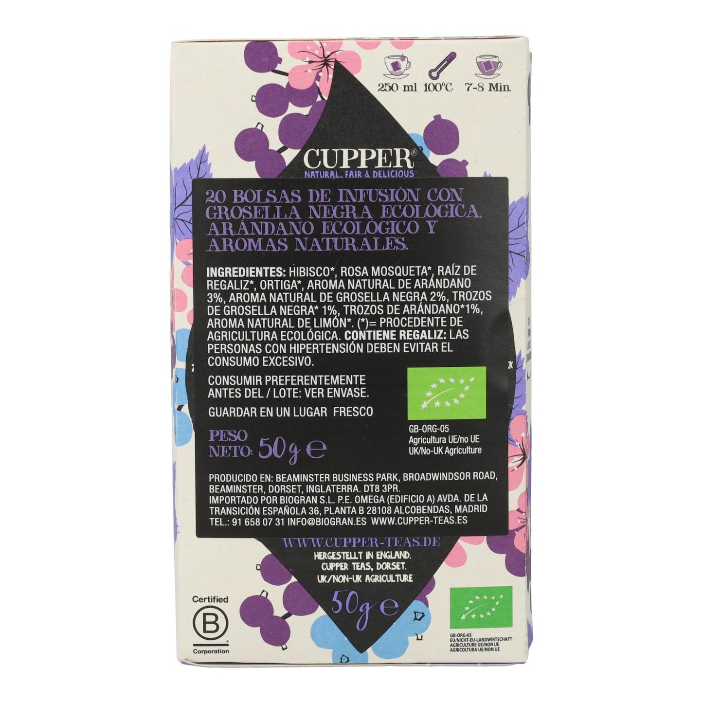 Infusão de Groselha Preta e Mirtilo Bio Cupper 20 saquetas