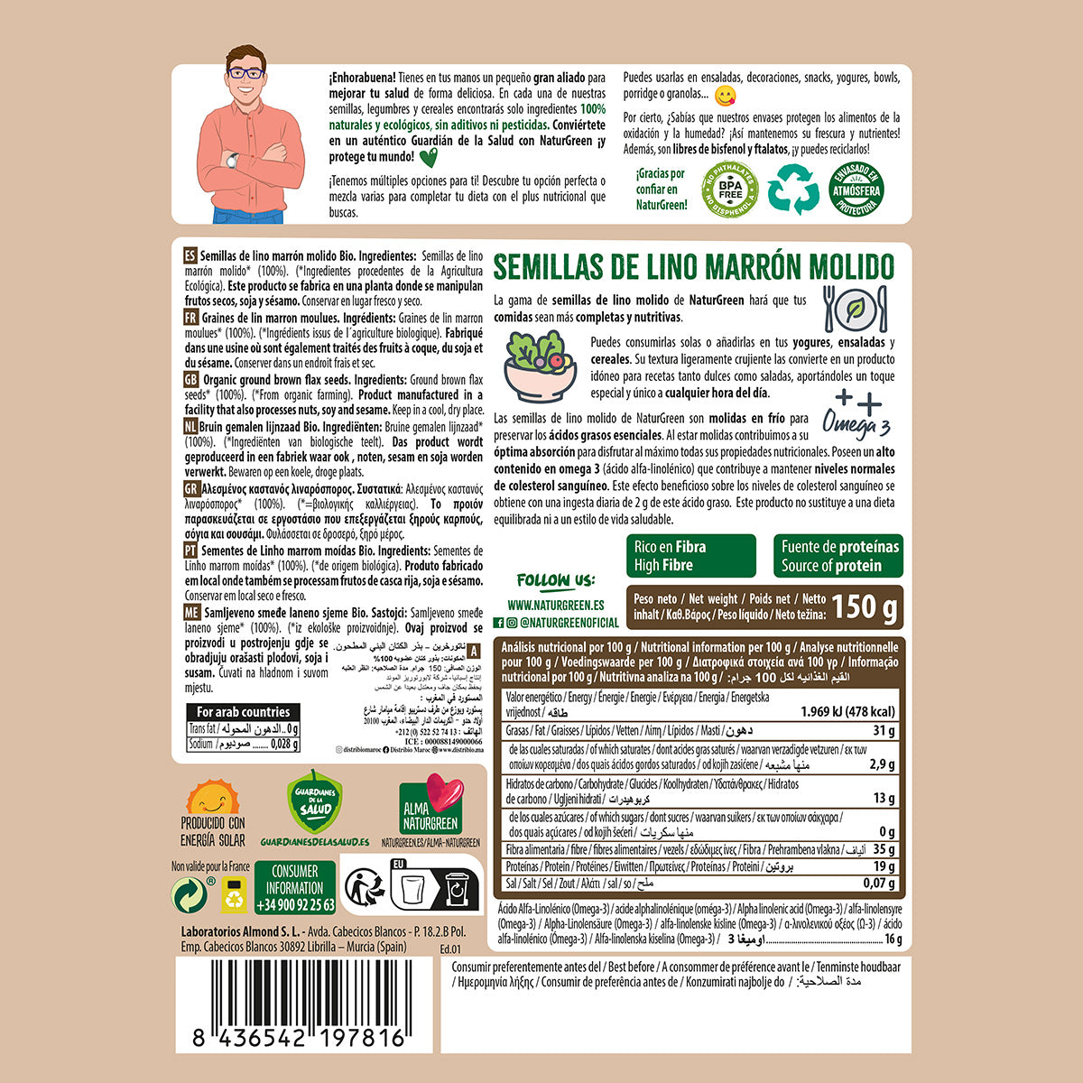 Linho castanho moído biológico, Naturgreen, 150 g