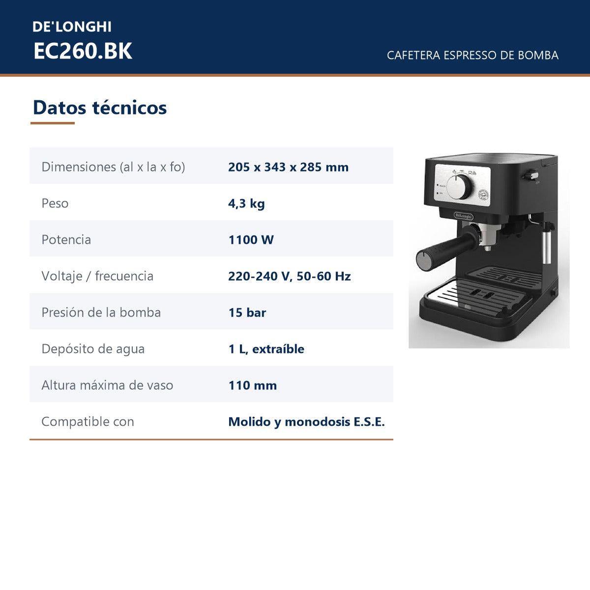 Cafetera Espresso Semiautomática EC260.BK De'Longhi