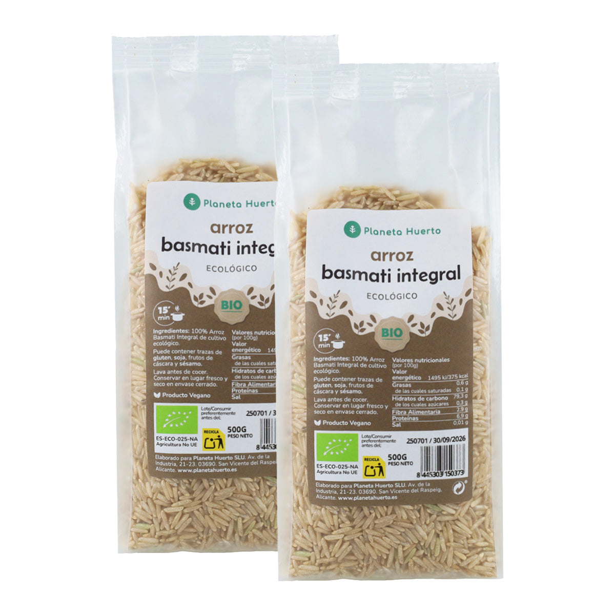 Embalagem de 2x Arroz Basmati Integral Biológico da Planeta Huerto, 500 g