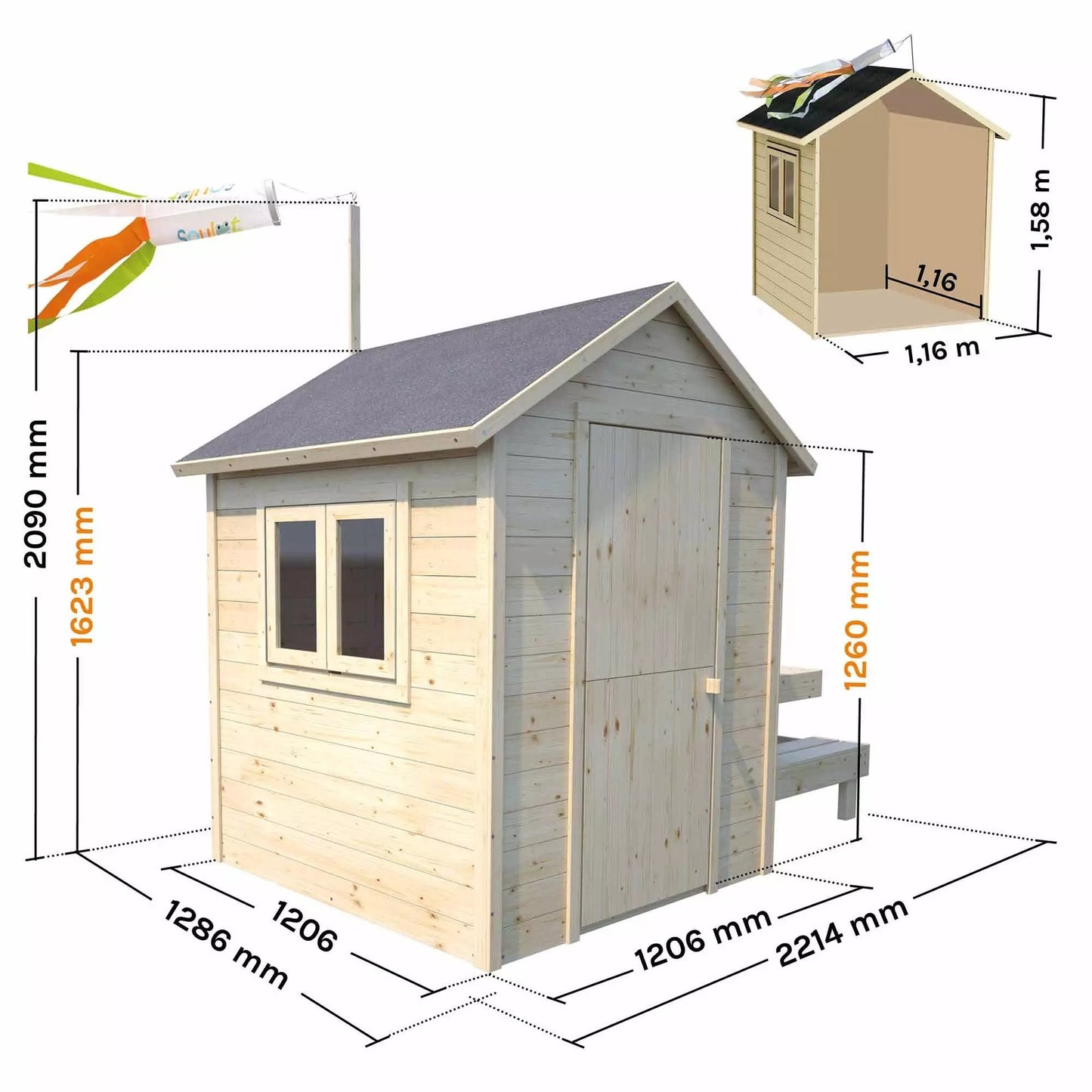 Tiana Soulet, casa de brincar infantil em madeira com mesa e bancos