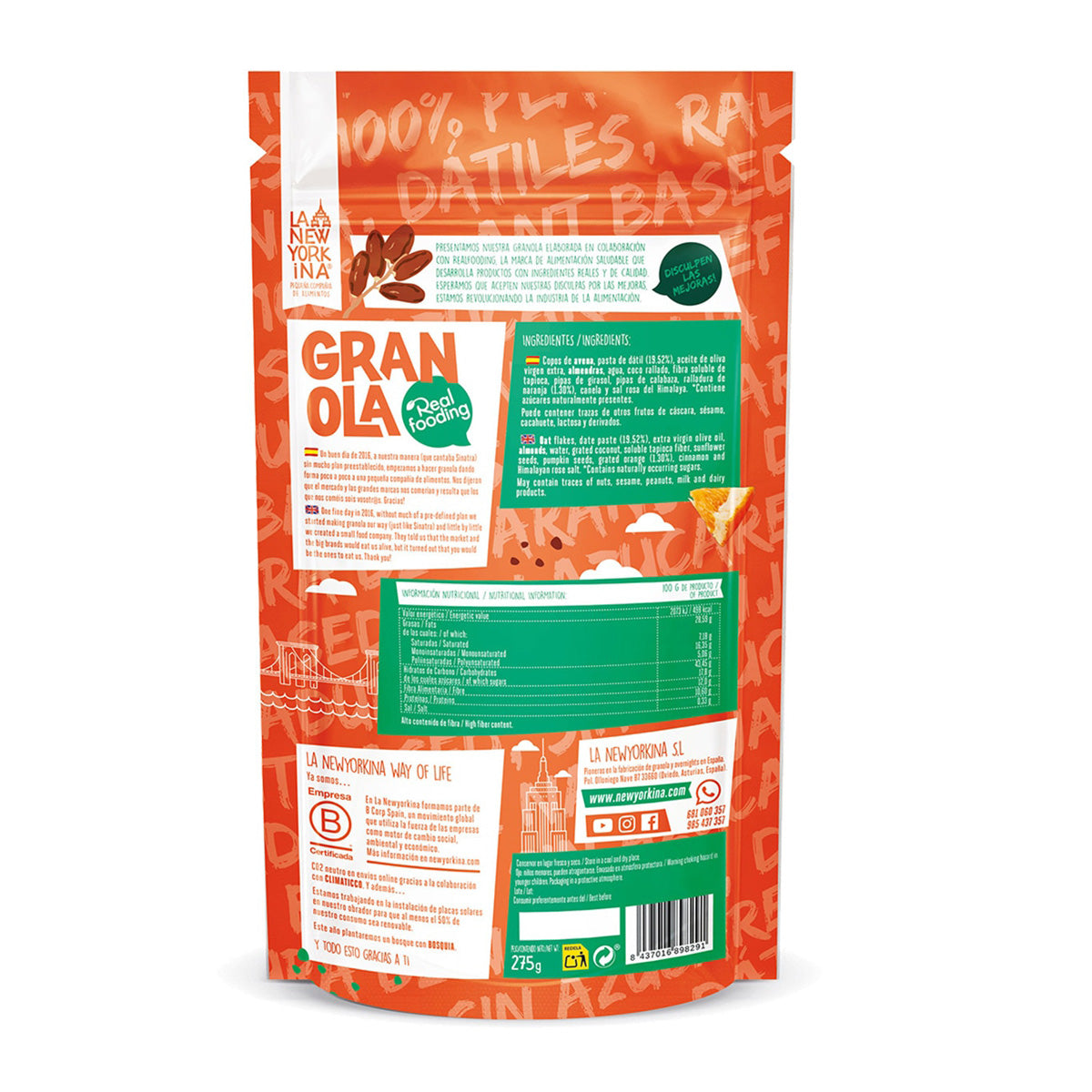 Granolas com raspa de laranja e tâmaras, Realfooding embalagem 275 g