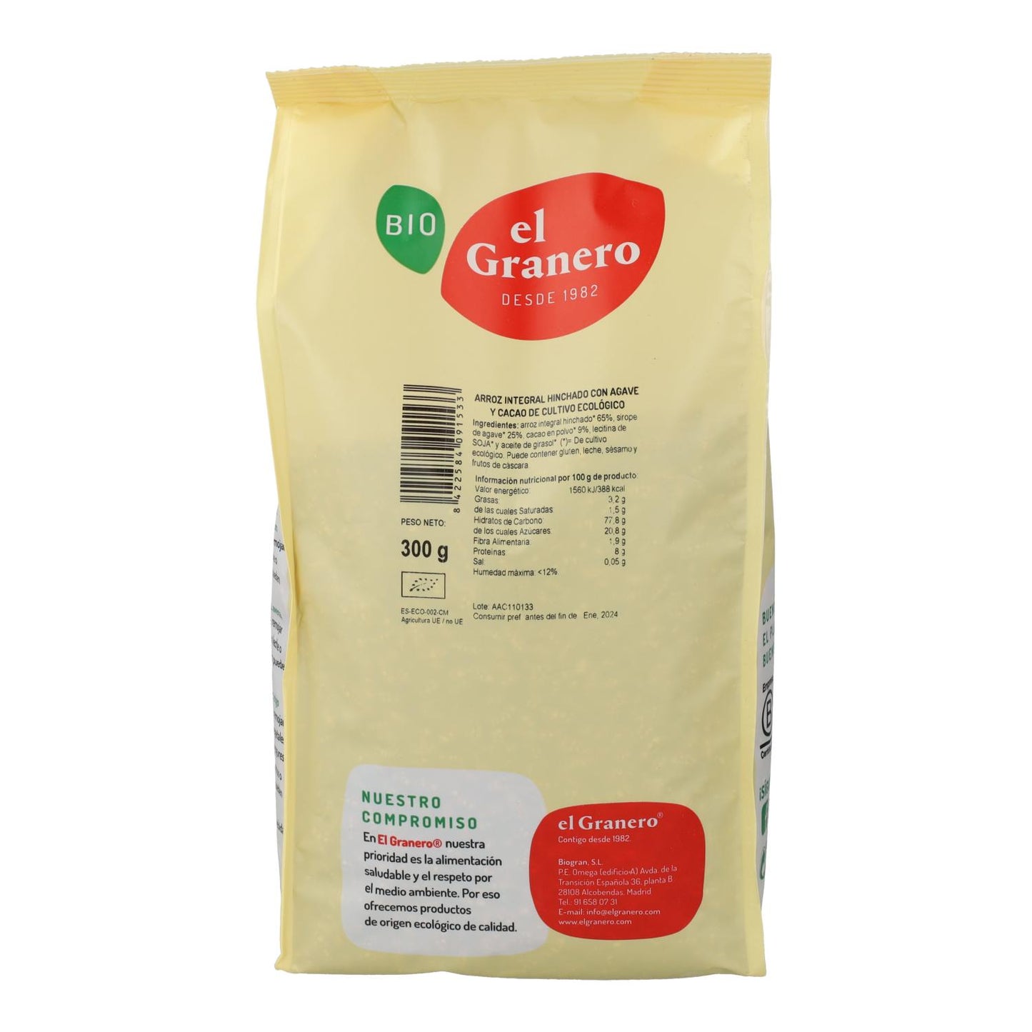 Arroz integral tufado El Granero com agave e cacau, 300g