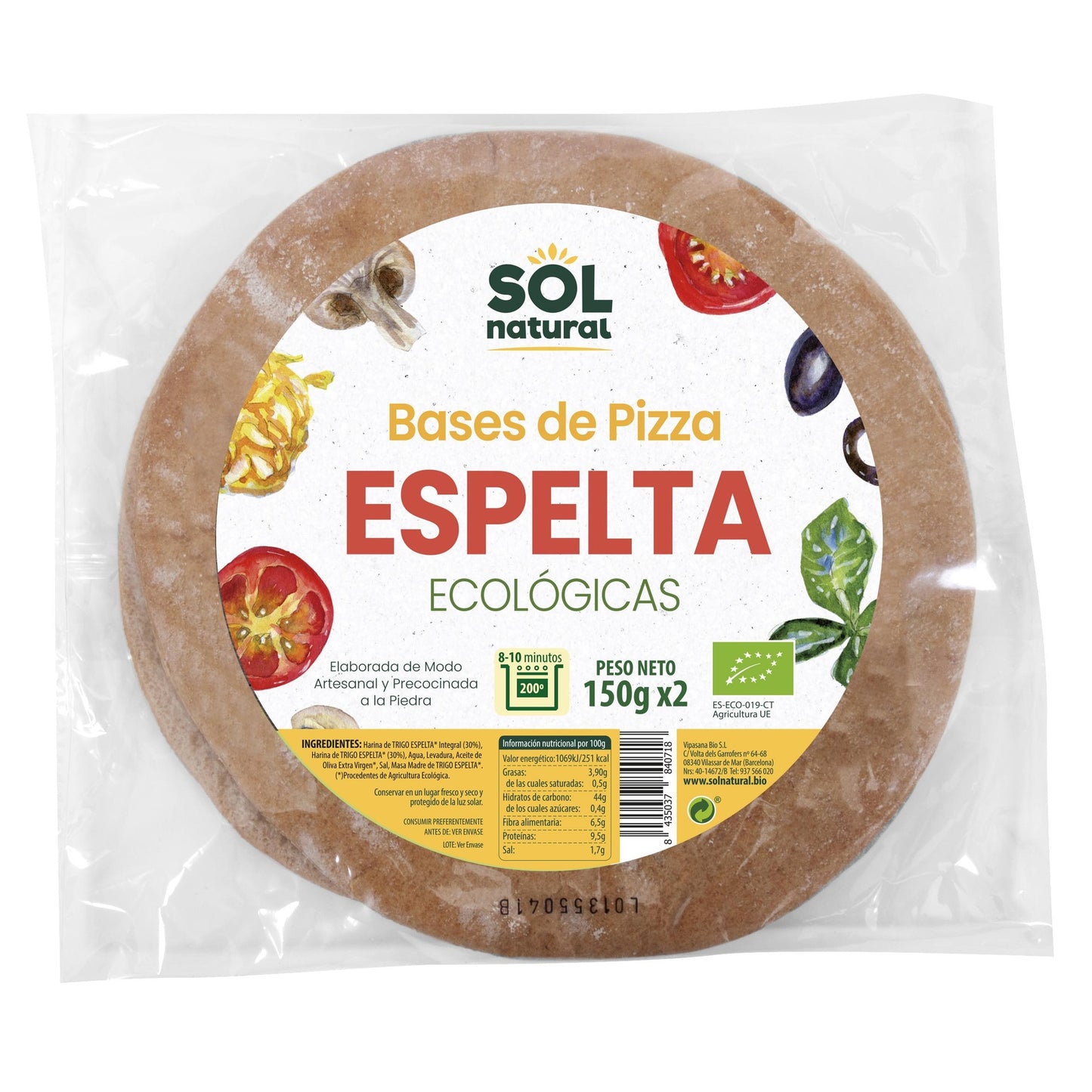 Base de pizza de massa grossa de espelta integral Sol Natural 2 x 150 g