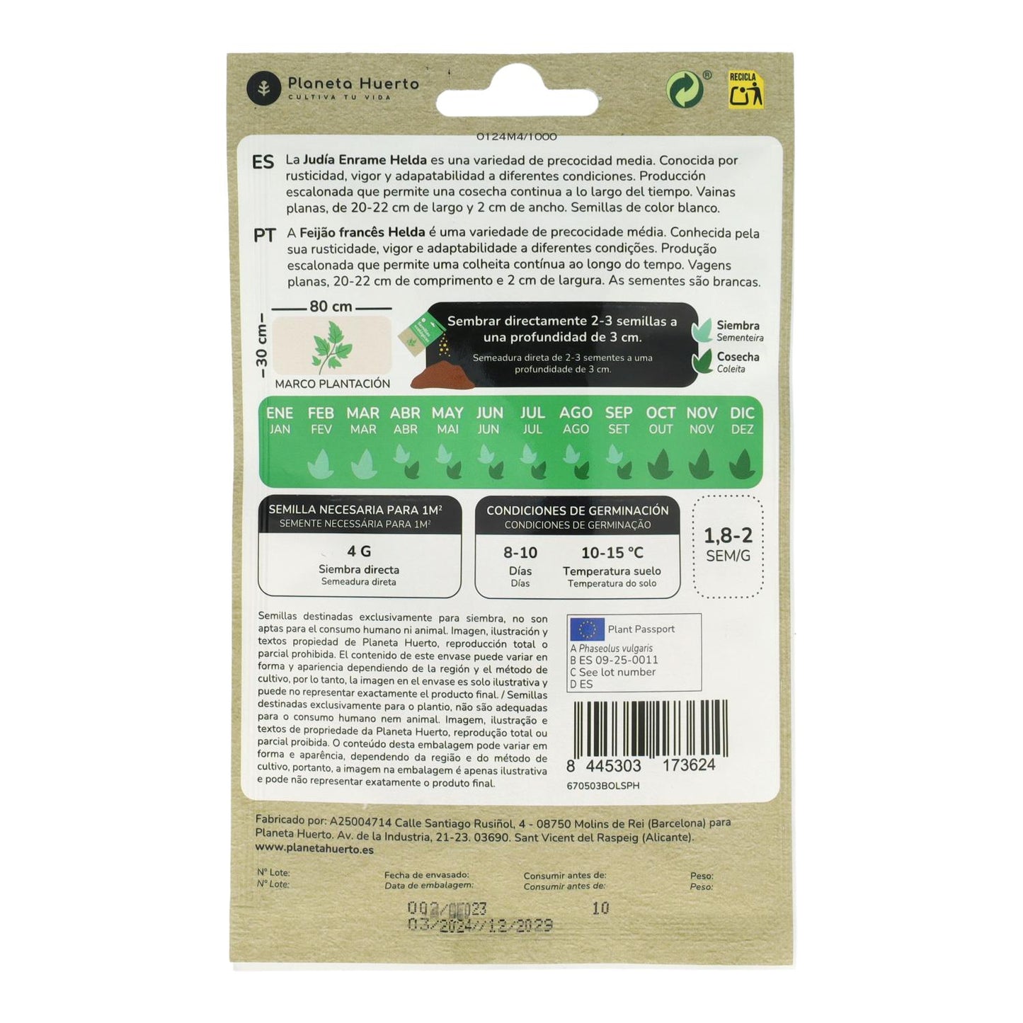 Sementes de feijão trepador biológico Planeta Huerto