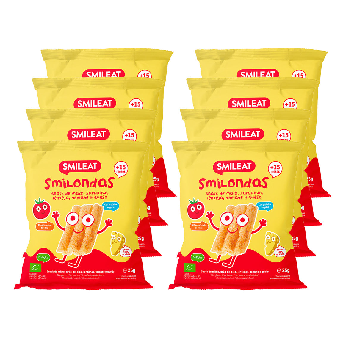 Pack de 8 Salgadinhos Smilondas com Milho, Grão de Bico, Lentilha, Tomate e Queijo Biológico, Smileat, 25 g
