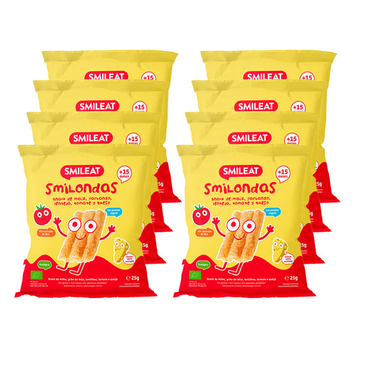 Pack de 8 Salgadinhos Smilondas com Milho, Grão de Bico, Lentilha, Tomate e Queijo Biológico, Smileat, 25 g