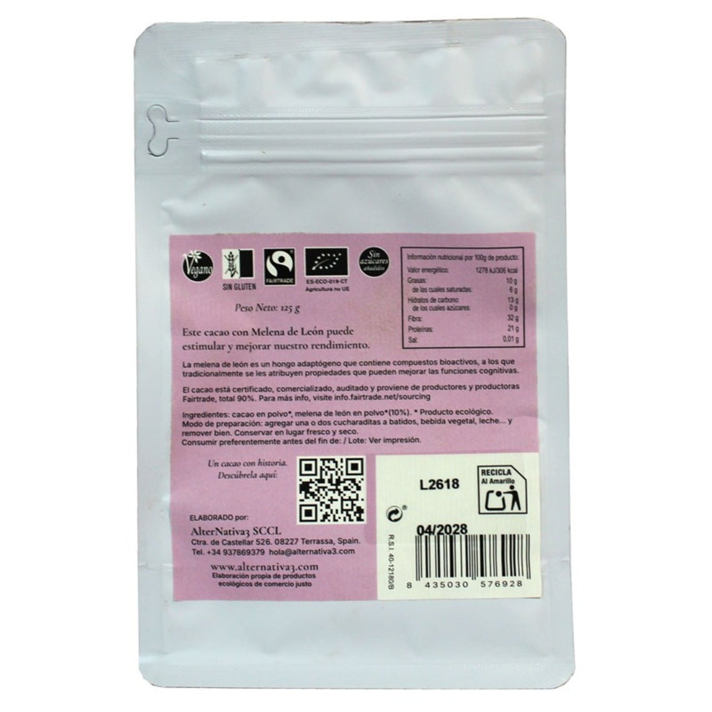 Cacao con Melena de León 90% Puro BIO vegano, sin gluten y sin azúcares añadidos Alternativa3 125 g