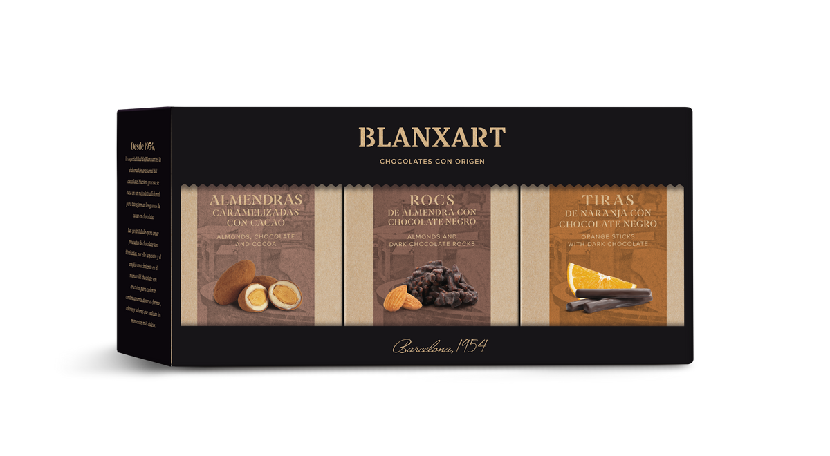 Esctuche Regalo 3 variedades: Almendras con Cacao, Rocs de Chocolate Negro, y Tiras de Naranja con Chocolate Blanxart