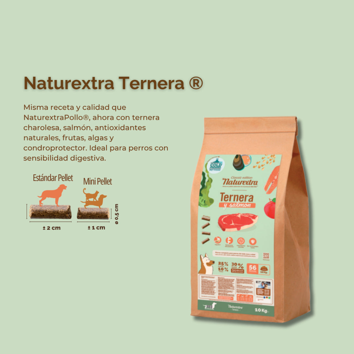 Pienso prensado en frío en Pellets para perros con ternera y salmón 5 kg NaturExtra