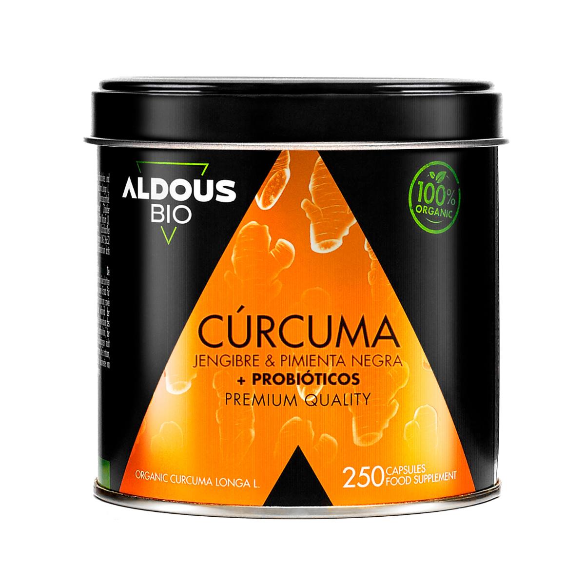 Cúrcuma biológica com gengibre, pimenta preta e probióticos, 250 cápsulas. Aldous Bio