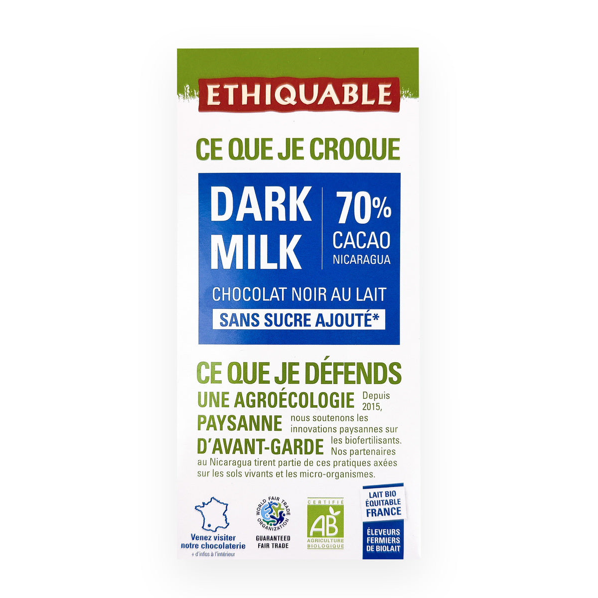Chocolate 70% Dark Milk sin azúcar BIO 100 g