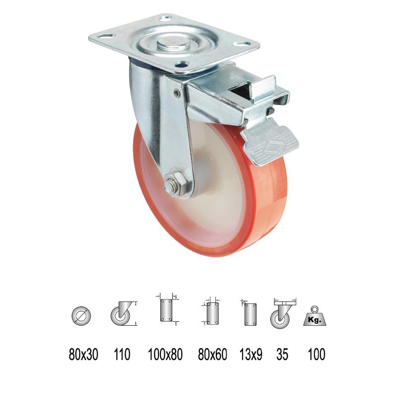 Rueda Industrial Poliuretano Placa Con Freno   80 Mm.