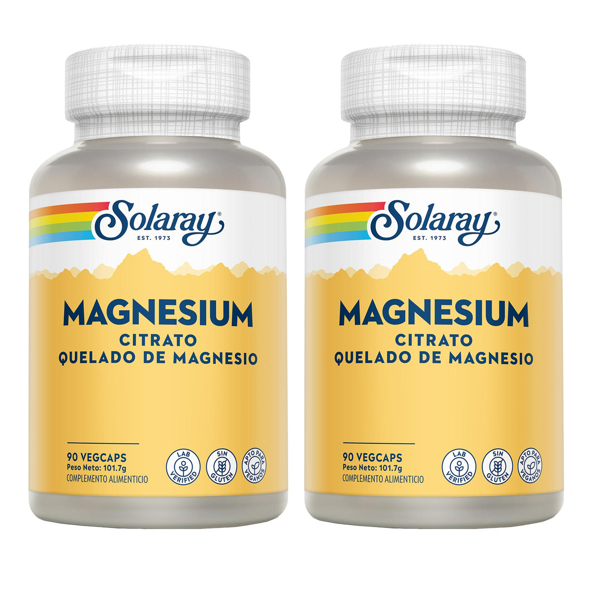 Embalagem de 2 cápsulas de citrato de magnésio - Solaray, 90 cápsulas vegetais. Sem glúten. Adequado para veganos.