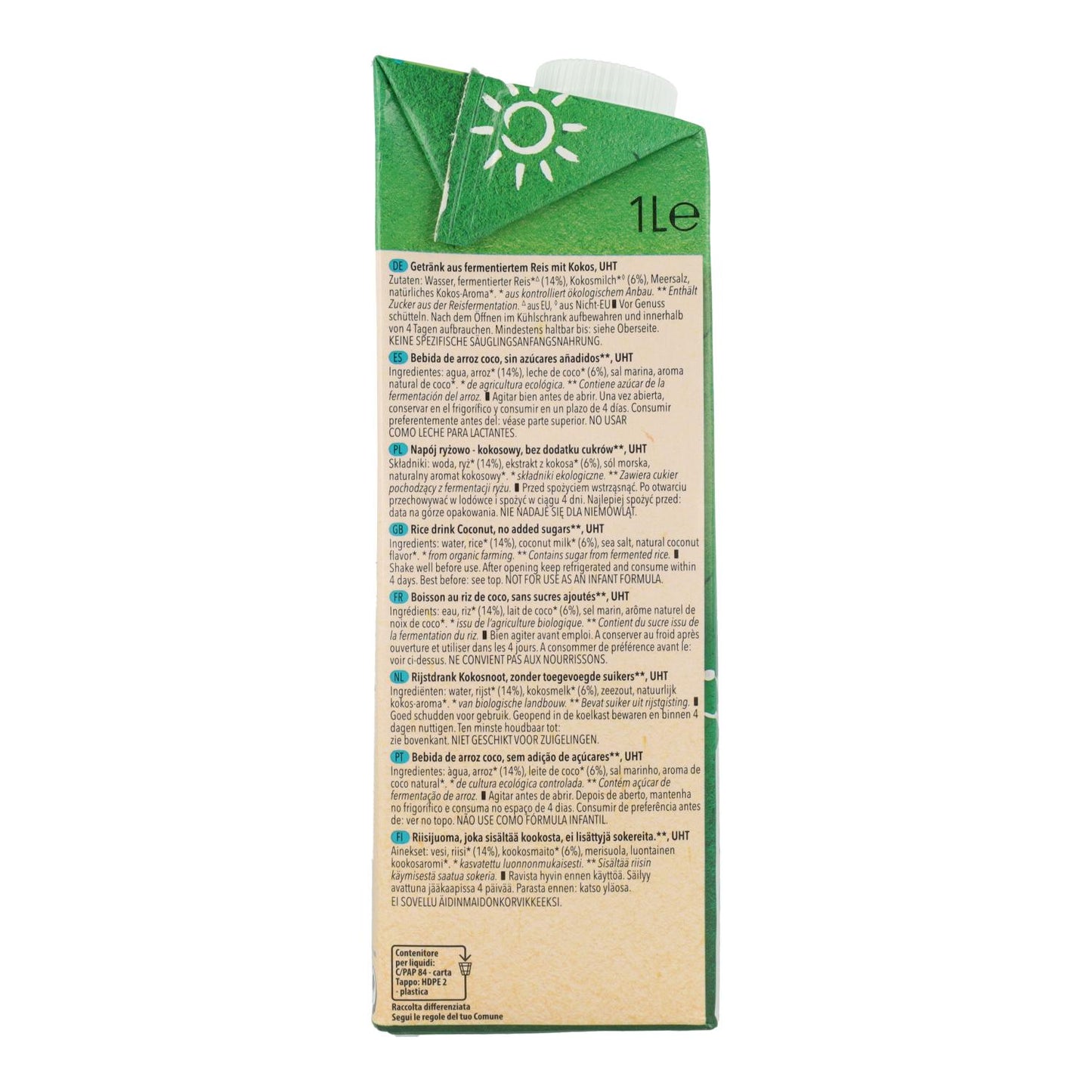 Pack de 8 bebidas biológicas de coco e arroz Natumi 1 litro