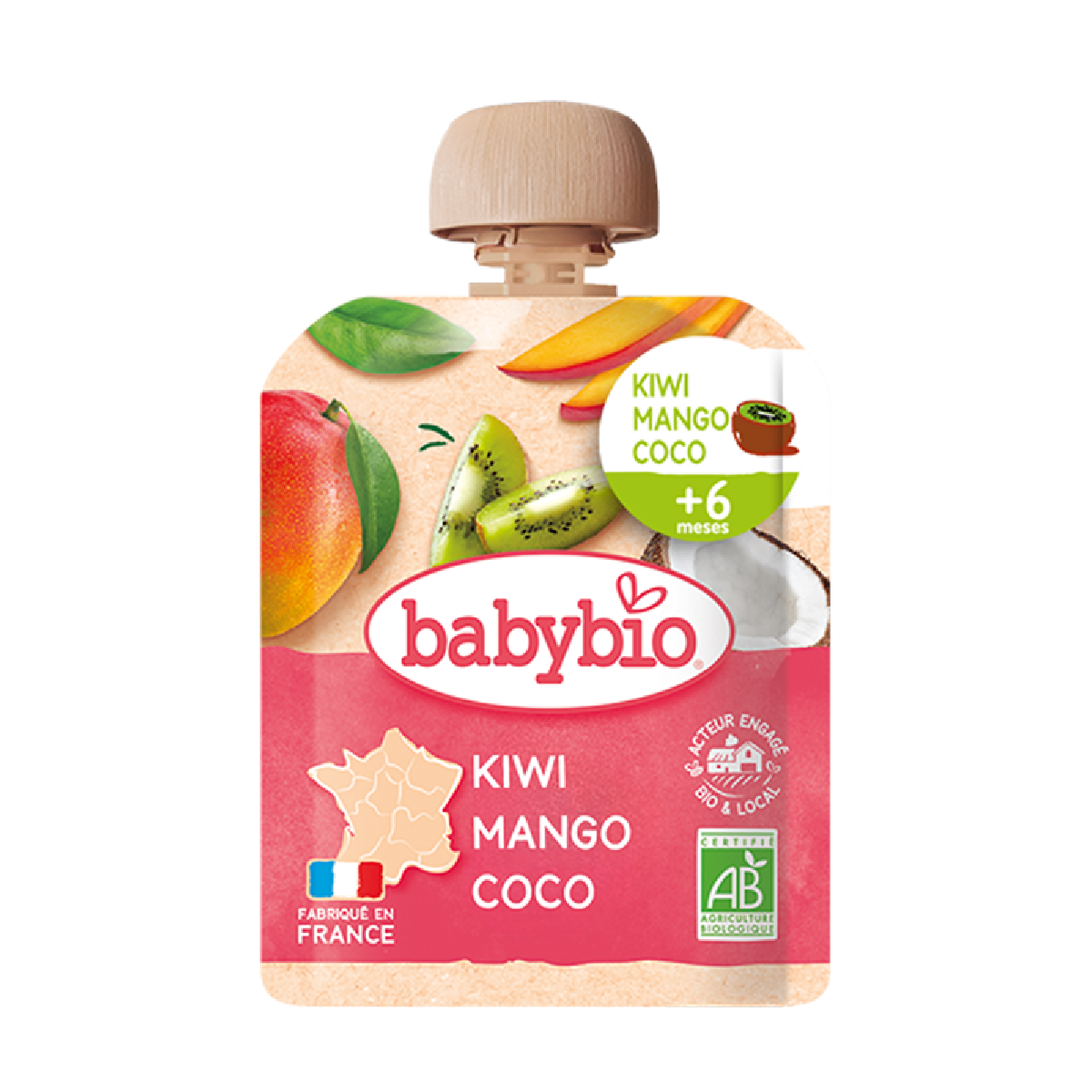 Saquetas de fruta: Kiwi, manga e bebida de coco, Babybio, 90 g