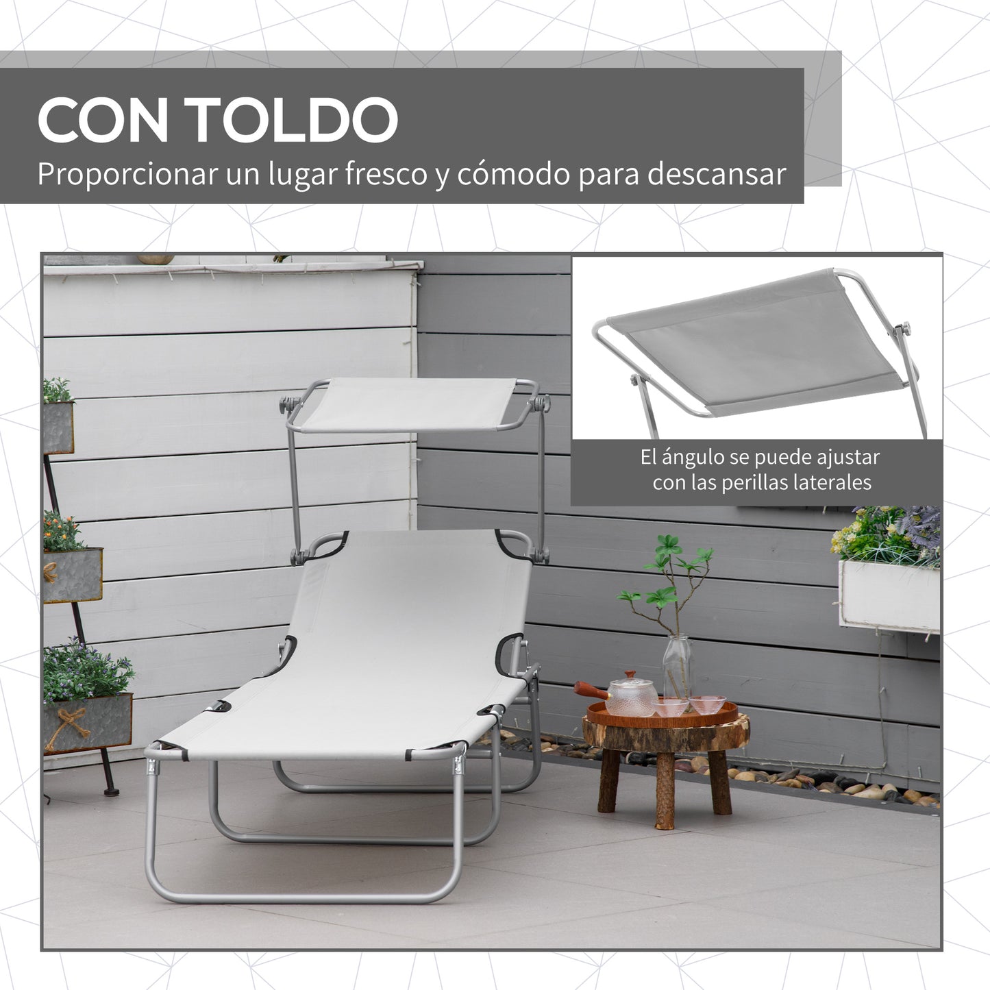 Outsunny Set De 2 Tumbonas De Jardín Plegables Con Toldo 187x58x36cm Gris Claro_5