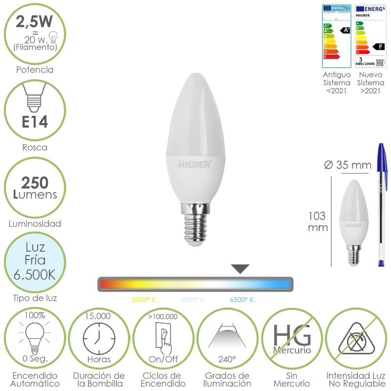 Bombilla Led Vela E14. 2,5 Watt. Equivale A 20 Watt. 250 Lumenes. Luz Fria 6500º K._0