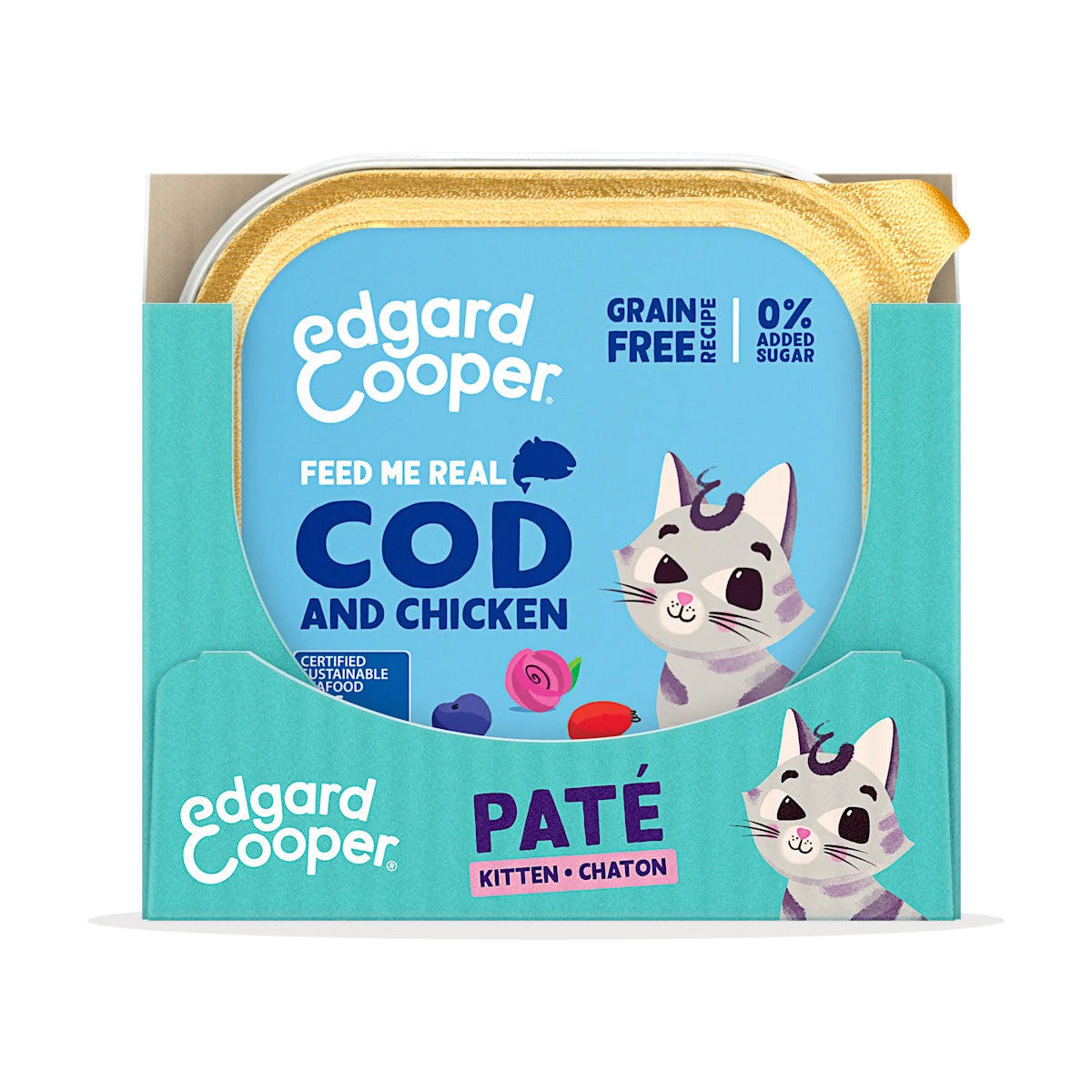 Ração húmida para gatos Patê Kitten Bacalhau e Frango Tub Edgard & Cooper 85 g